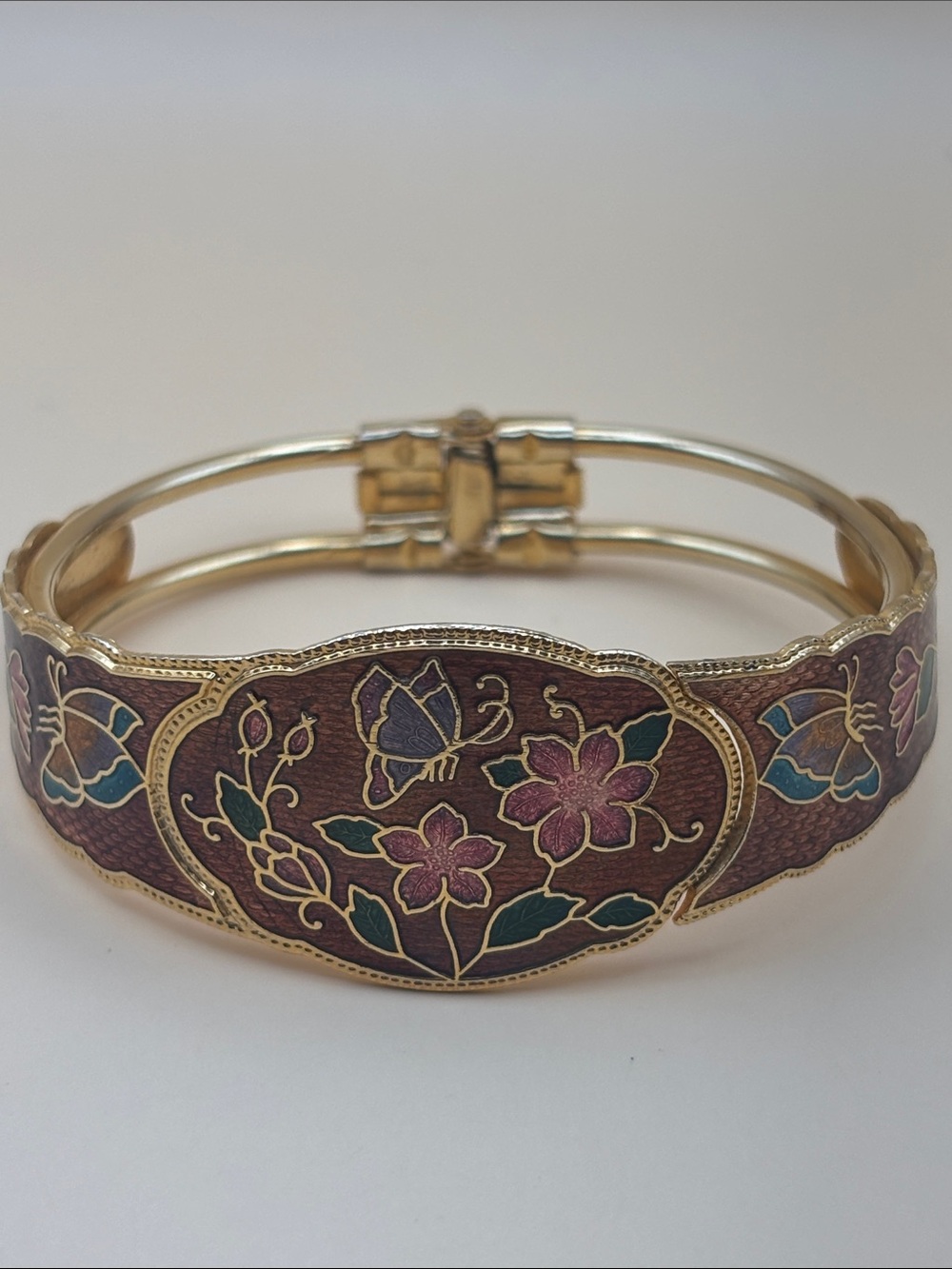 Gold-Tone Floral Cloisonné Hinged Bracelet in Brown Pink and Green
